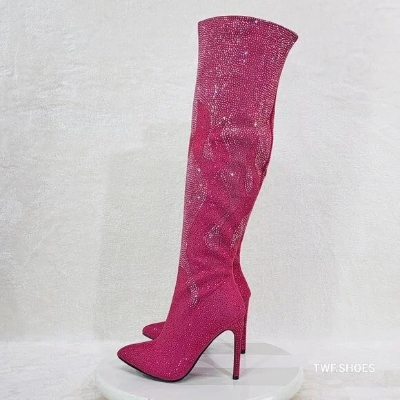 NIB Like It Hot Fuchsia Rhinestone Flame Detail Sexy OTK High Heel Thigh Boots - Picture 9 of 12